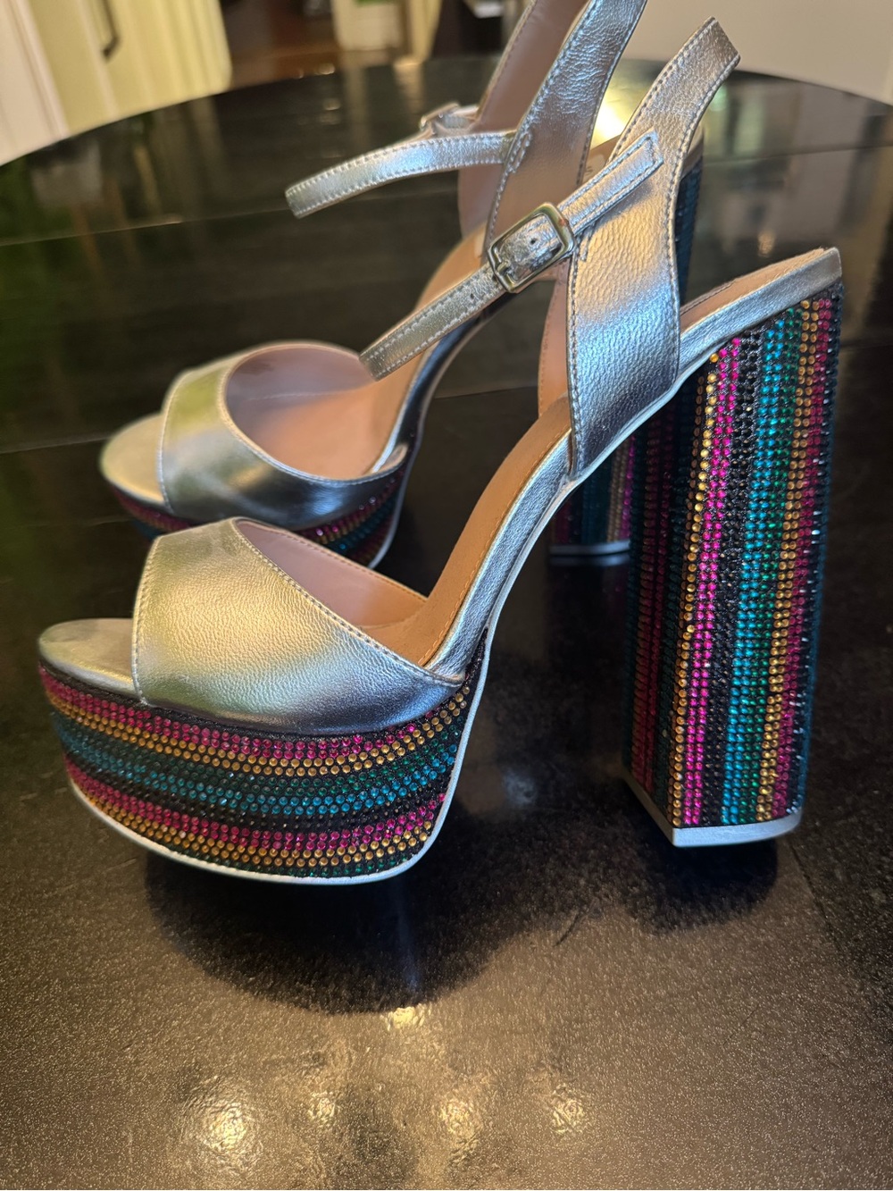 Steve Madden Metallic Silver Platform Sandals with Multicolor Crystal